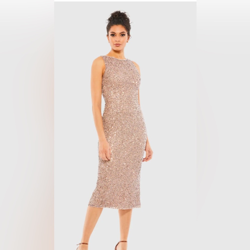 Mac Duggal Beige Sleeveless Sequined Midi Sheath Dress- Size 14